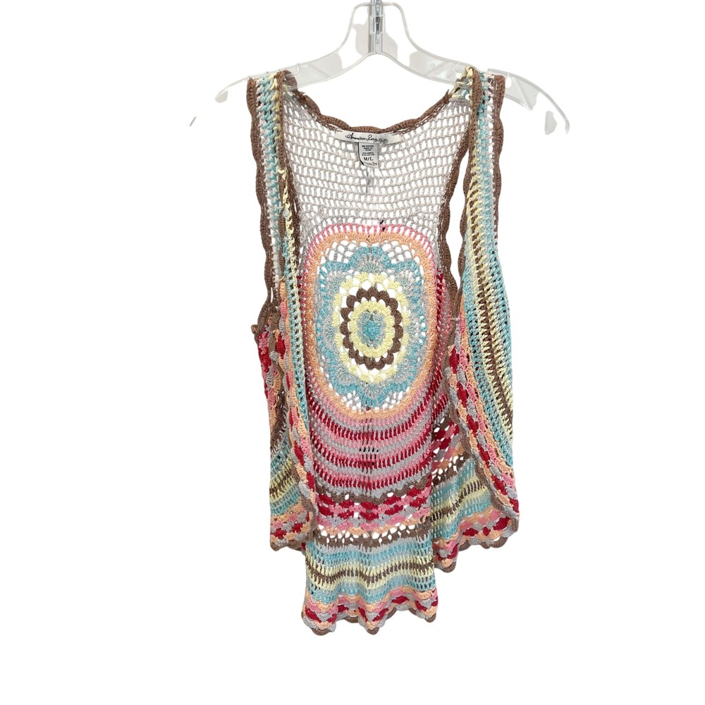American Rag Multicolor Crochet Open Front Vest Boho Festival Hippie - Size M/L - Picture 2 of 6